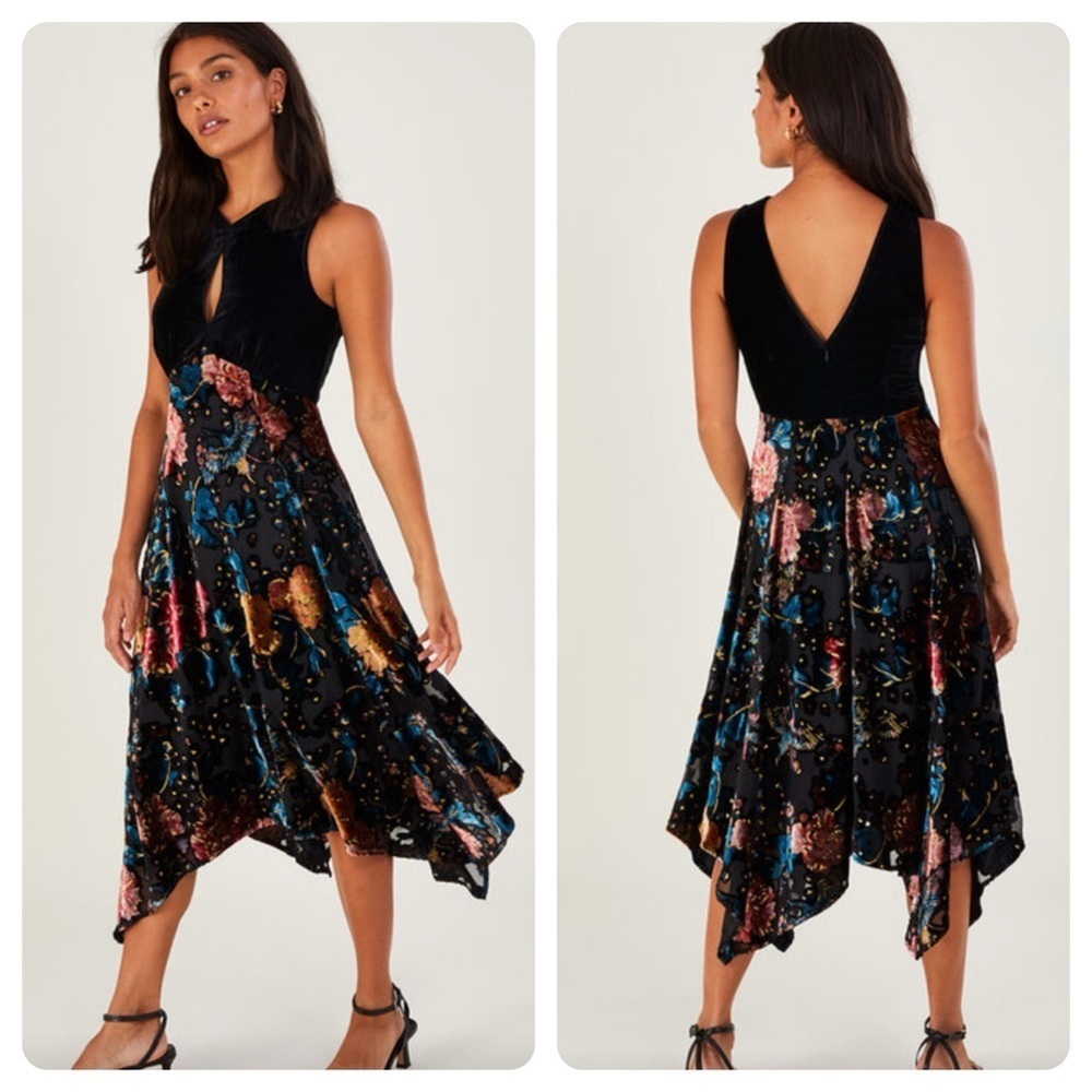 Monsoon Peony devore hanky hem dress black Velvet Size US 10